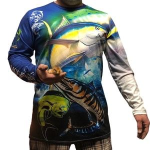 Men’s Salt Water Fish Long Sleeved Popover T-Shirt; Yellow Fin Tuna, Mahi, Wahoo